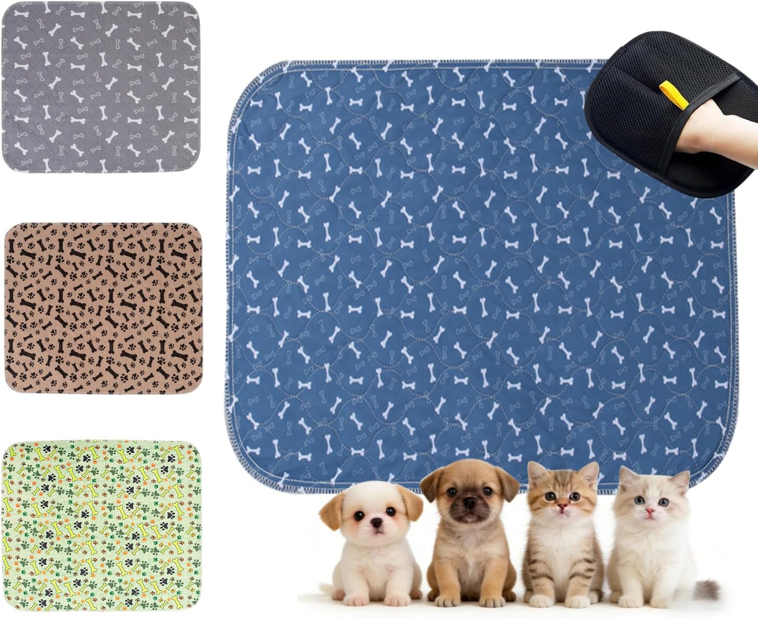 Puppy Pads with Pheromones, Washable Pee Pads for Dogs Potty Training, Reusable Dog Mat with Pet Hair Removal Gloves for Playpen, Crate, Whelping Box (Blue,M)