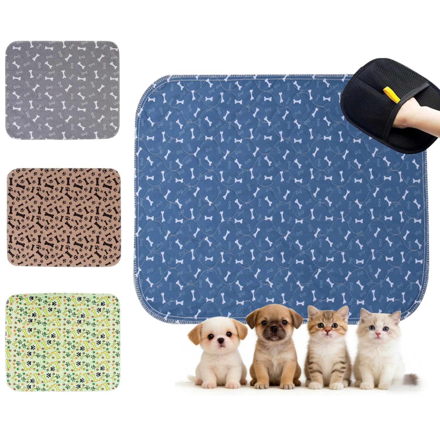 Puppy Pads with Pheromones, Washable Pee Pads for Dogs Potty Training, Reusable Dog Mat with Pet Hair Removal Gloves for Playpen, Crate, Whelping Box (Blue,M)