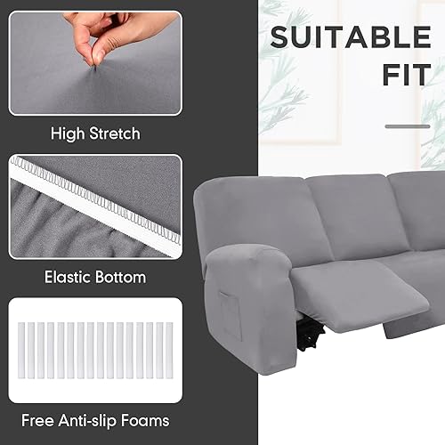 Miniatura 46 de Peryiter 7 fundas para sofá reclinable seccional en forma de L, fundas de sofá modular de 5 asientos, terciopelo de seda lechosa, funda elástica