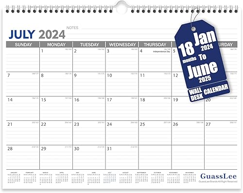 GuassLee Calendario de pared 2024-2025, calendario colgante de 18 meses de enero de 2024 a junio de 2025, 14.5 x 11 pulgadas, con notas para una