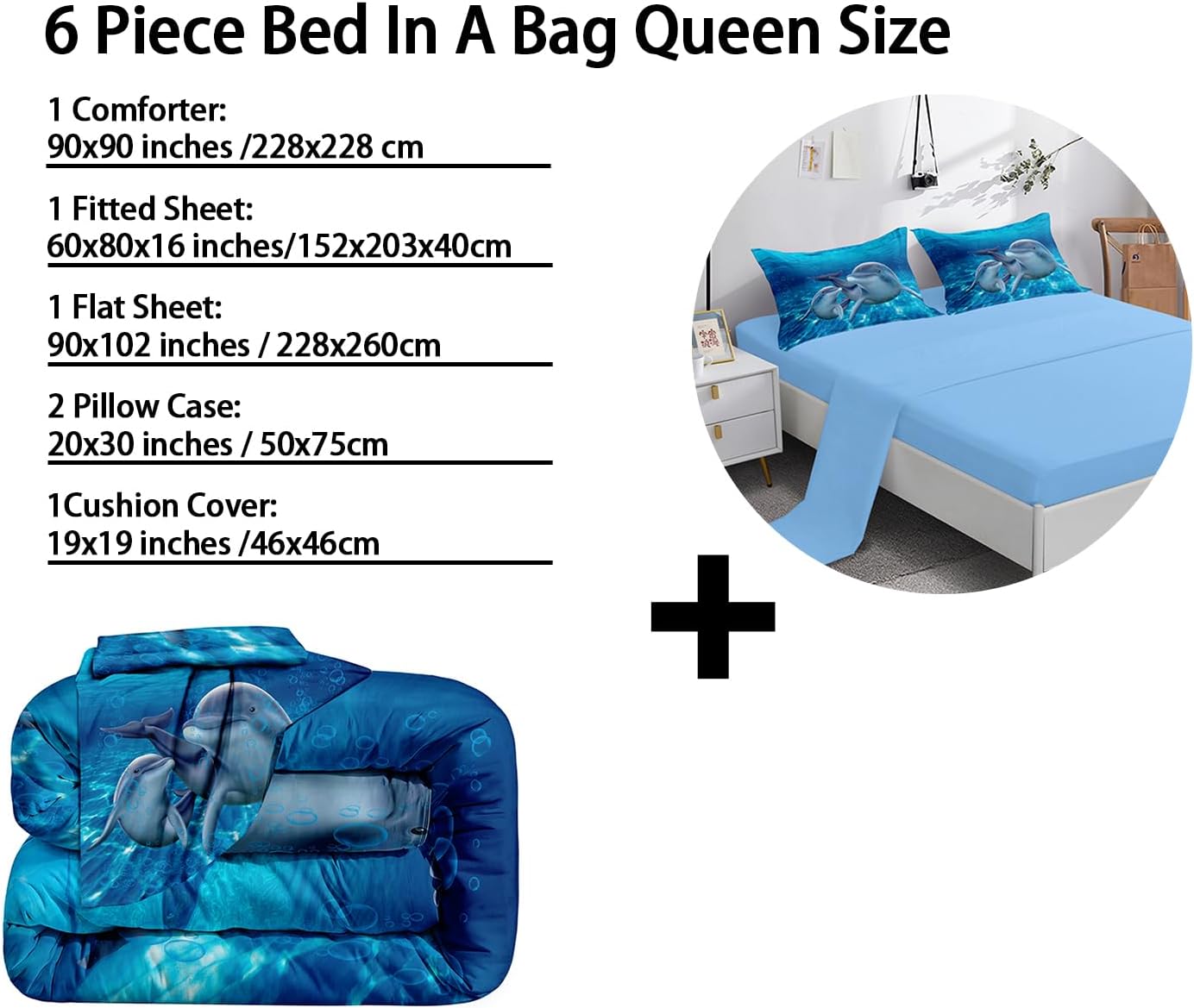 Dolphin comforter set Queen Size Bed in a Bag Cute Dolphin Jumping Blue Ocean Themed Bedding Set for Boys Girls Room Decor with Comforter,Pillow Shams,Flat Sheet,Fitted Sheet,Cushion Cover(Queen6Pcs)