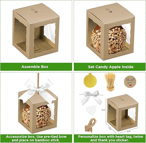 Miniatura 7 de Cajas de manzana caramelo con agujero, paquete de 12, cajas de papel kraft brillante de 4 x 4 x 4 pulgadas con bordes festoneados, suministros de