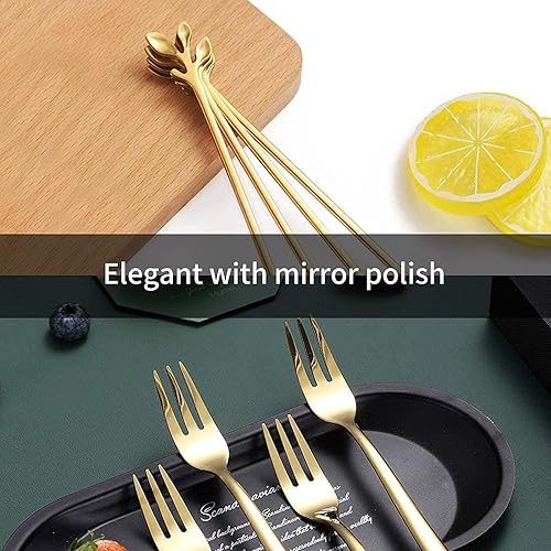 Miniatura 5 de Comicfs Juego de 16 tenedores creativos de acero inoxidable con hojas de oro, para tartas y frutas, 4.7 pulgadas, para degustación de postres,