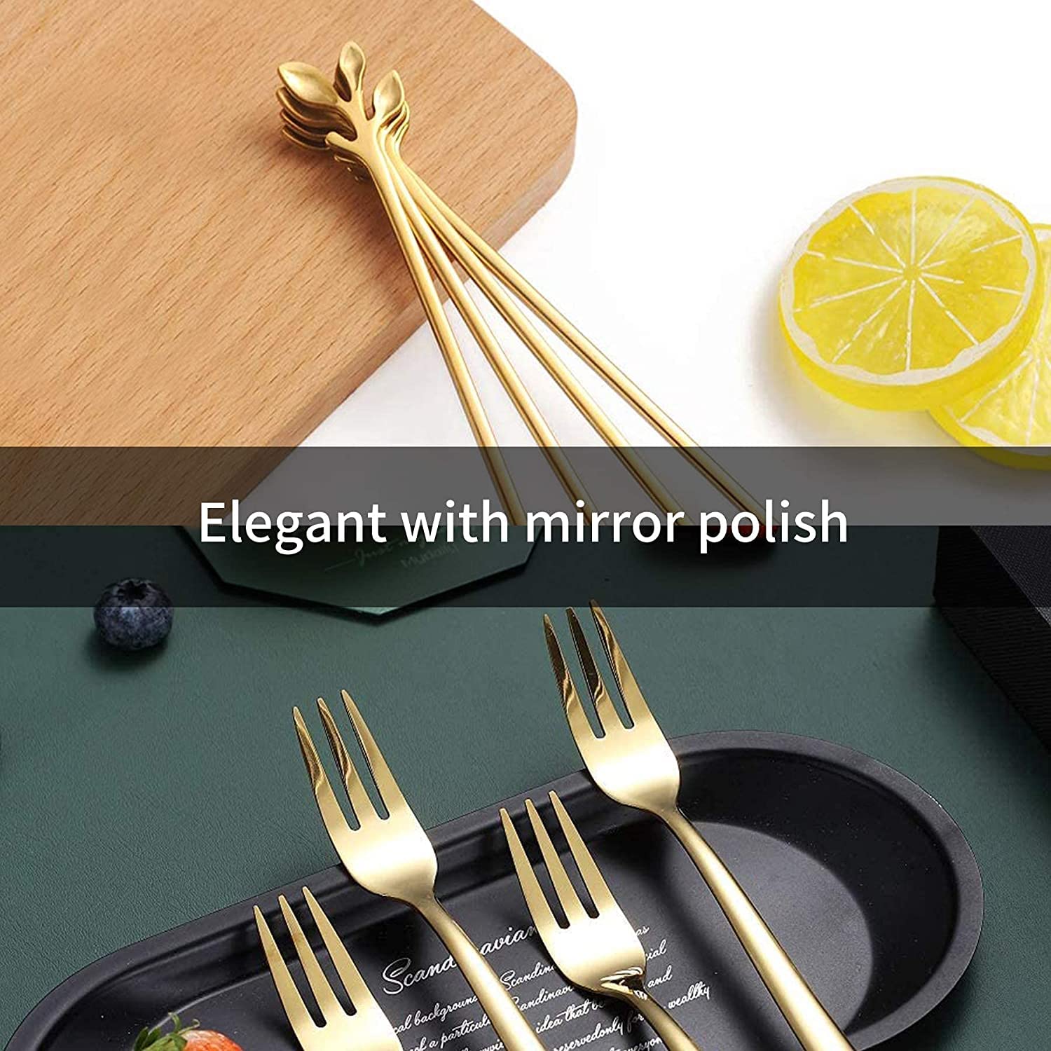 Comicfs 16 Pcs Stainless Steel Gold Leaf Creative Appetizer Cake Fruit Forks Set 4.7 Inches Tasting Dessert Forks Kitchen Accessory Wedding Party (16 Forks, Gold) — Amazon image 5