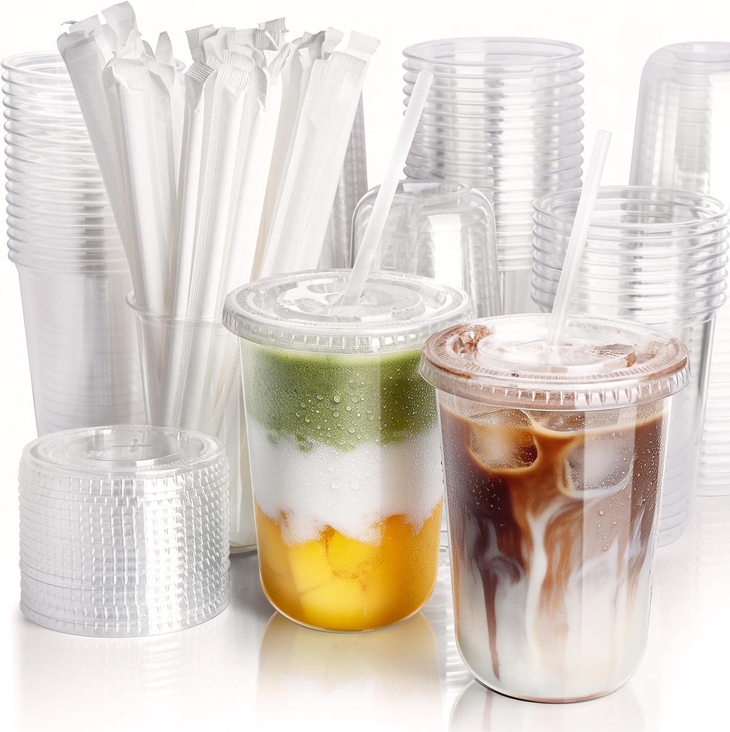 100 Pack 16 oz Round Bottom Plastic Cups with Lids and Straws, Disposable Coffee Cups with Lids, To Go Iced Coffee Cups with Lids, Disposable Cups for Party, Smoothie Cup for Cold Drinks