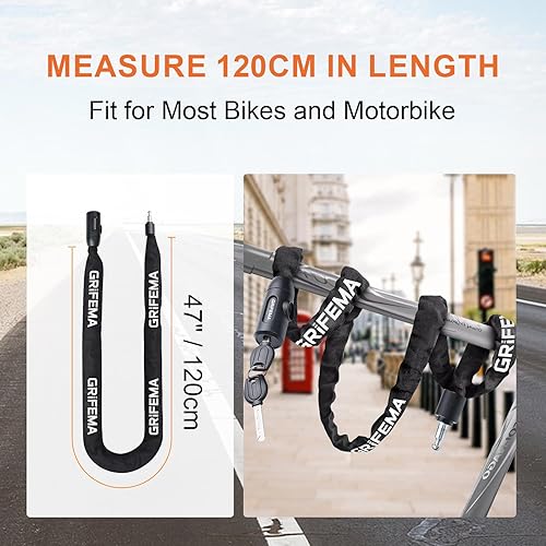 Miniatura 6 de GRIFEMA GA1201-12 Candados de cadena de bicicleta con 2 llaves, cerradura de bicicleta de alta seguridad de 47.2 in para bicicleta ciclo, moto,