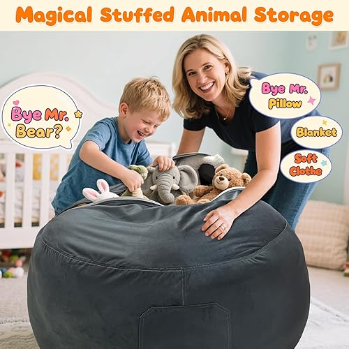 Miniatura 137 de Lukeight - Puf de almacenamiento de animales de peluche para niños, con cremallera para organizar habitaciones de niños pequeños y niños (terciopelo