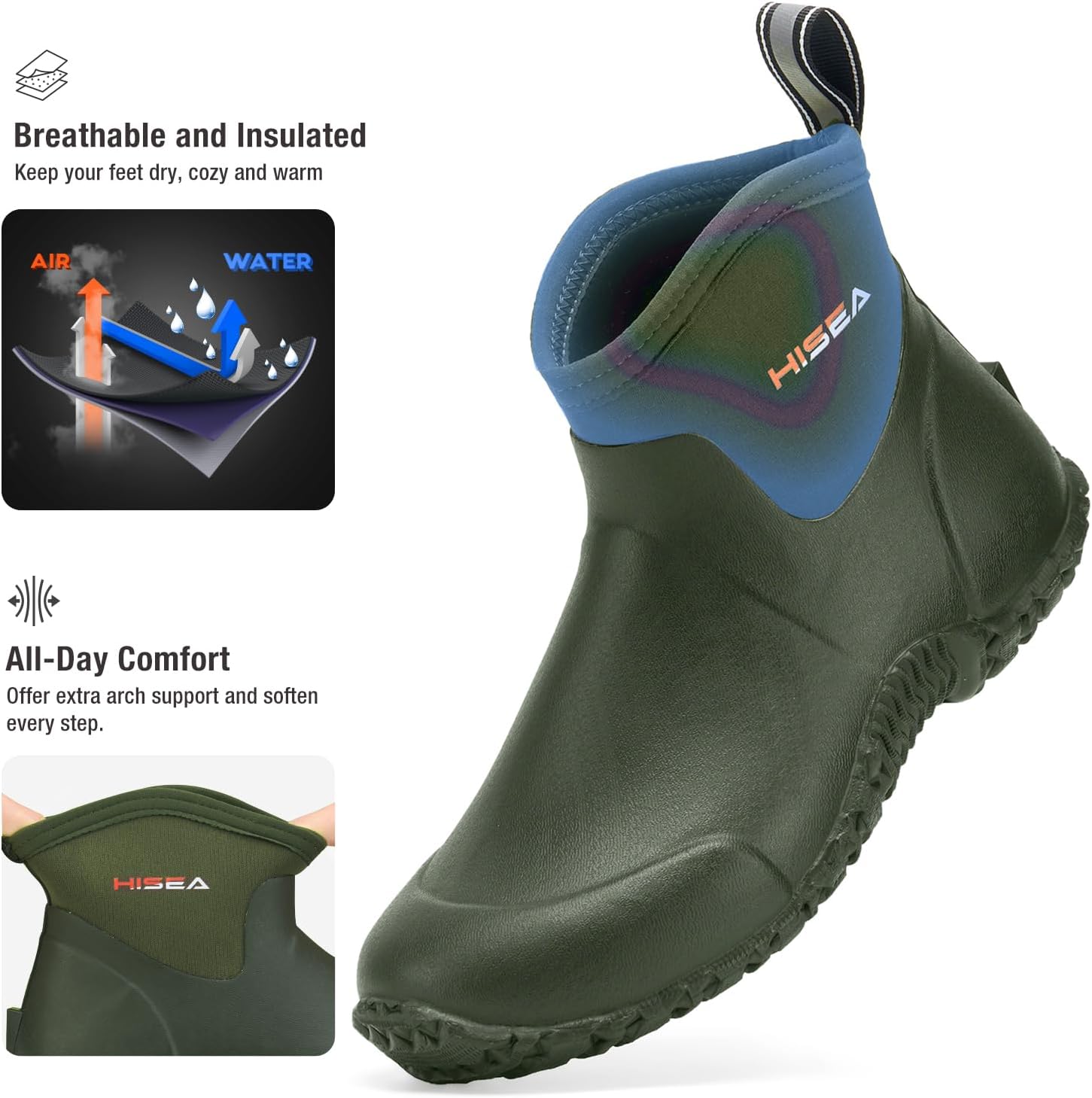 HISEA Men's Rain Boots, Ankle Height Garden Shoes Waterproof Insulated Rubber Neoprene Mud Boots Anti-Slip Outdoor Work Booties for Gardening Farming Camping Fishing and Yard Working - Image 4