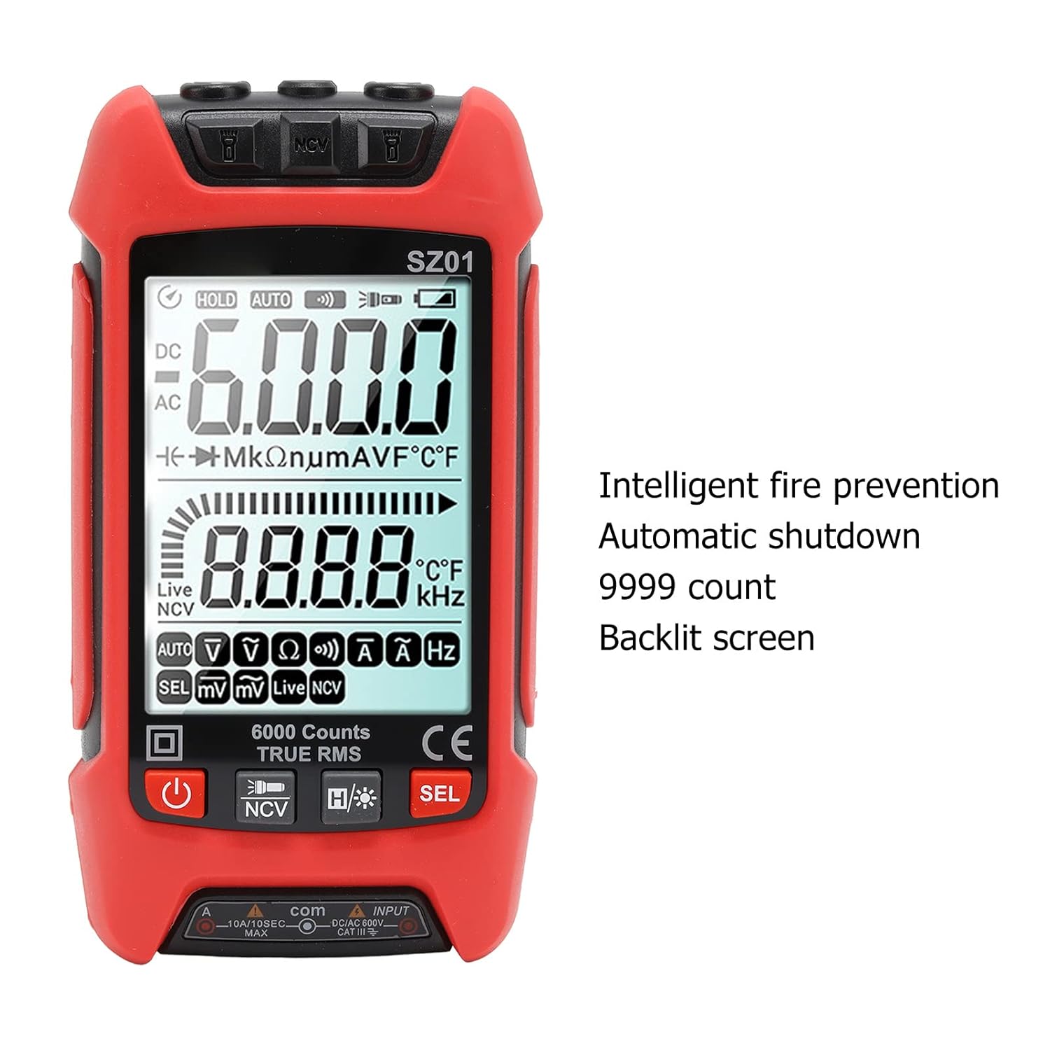 Digital Multimeter with Backlit LCD, 6000 Counts Auto Ranging Voltage Tester, AC/DC Current/Resistance/Frequency Measurement, Ceramic Protection