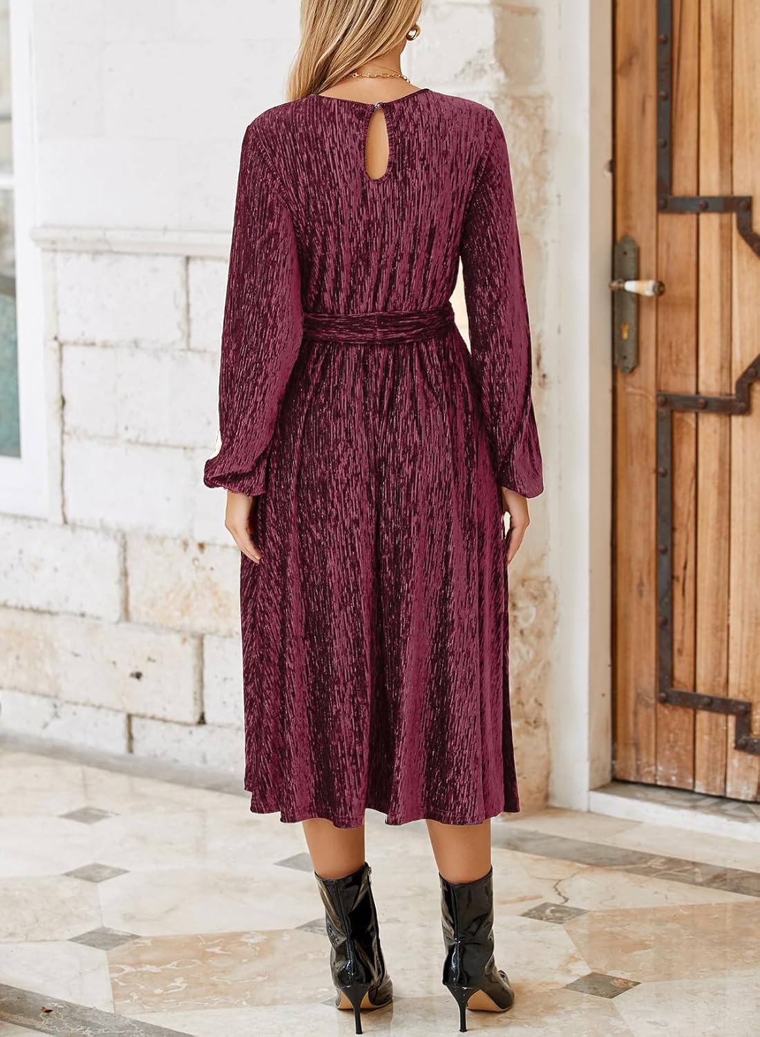 Happy Sailed Women's Velvet Dress Fashion Fall Winter Long Sleeve High Waist A-Line Semi Formal Wedding Guest Dresses - Image 5