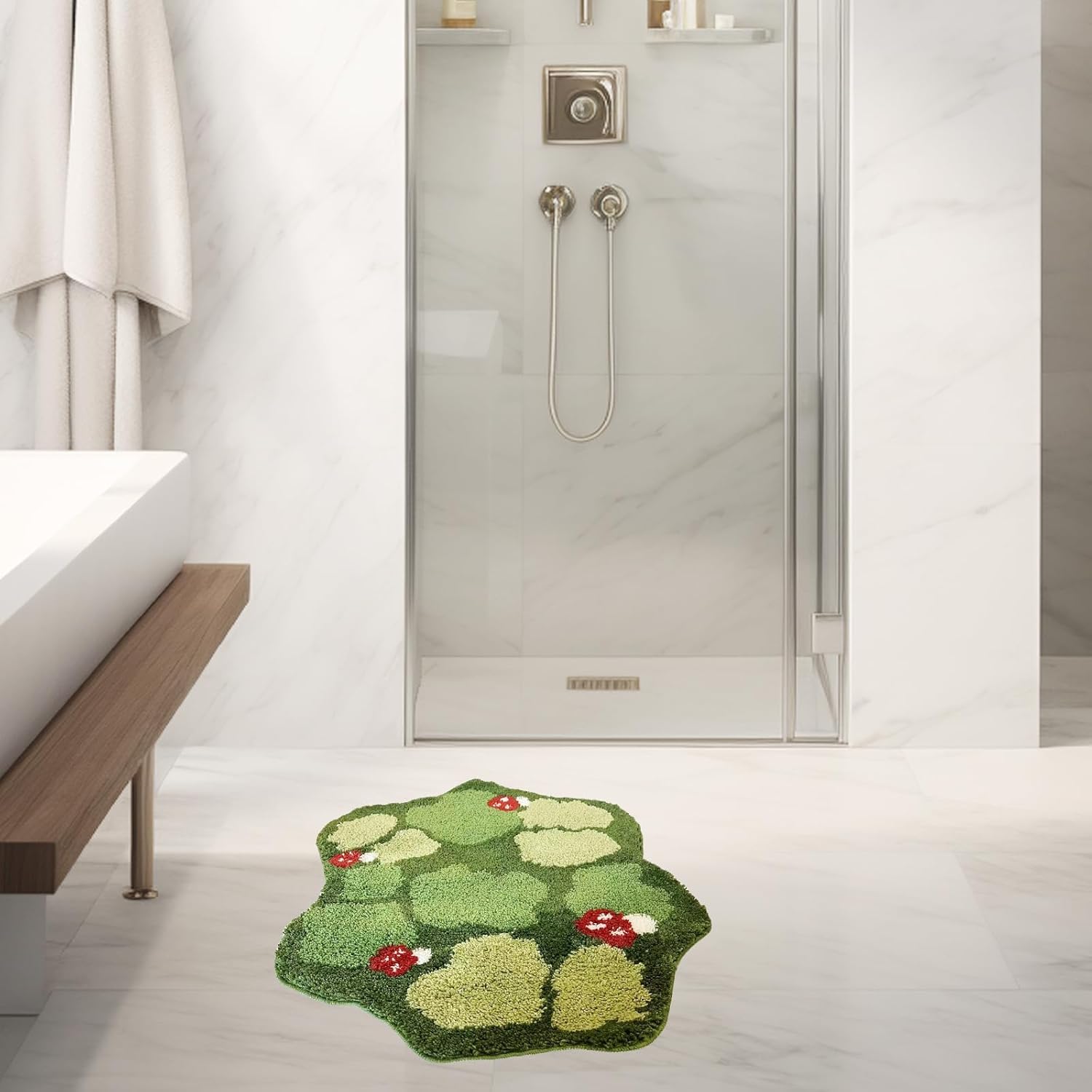 Moss Bath Mat,Mushroom Bathroom Rug,Cute Bath Mat,Green Bathroom Rugs,Non-Slip Shag Fluffy Carpet,Washable Bath Rugs,Nature Room Decor,23"*32"
