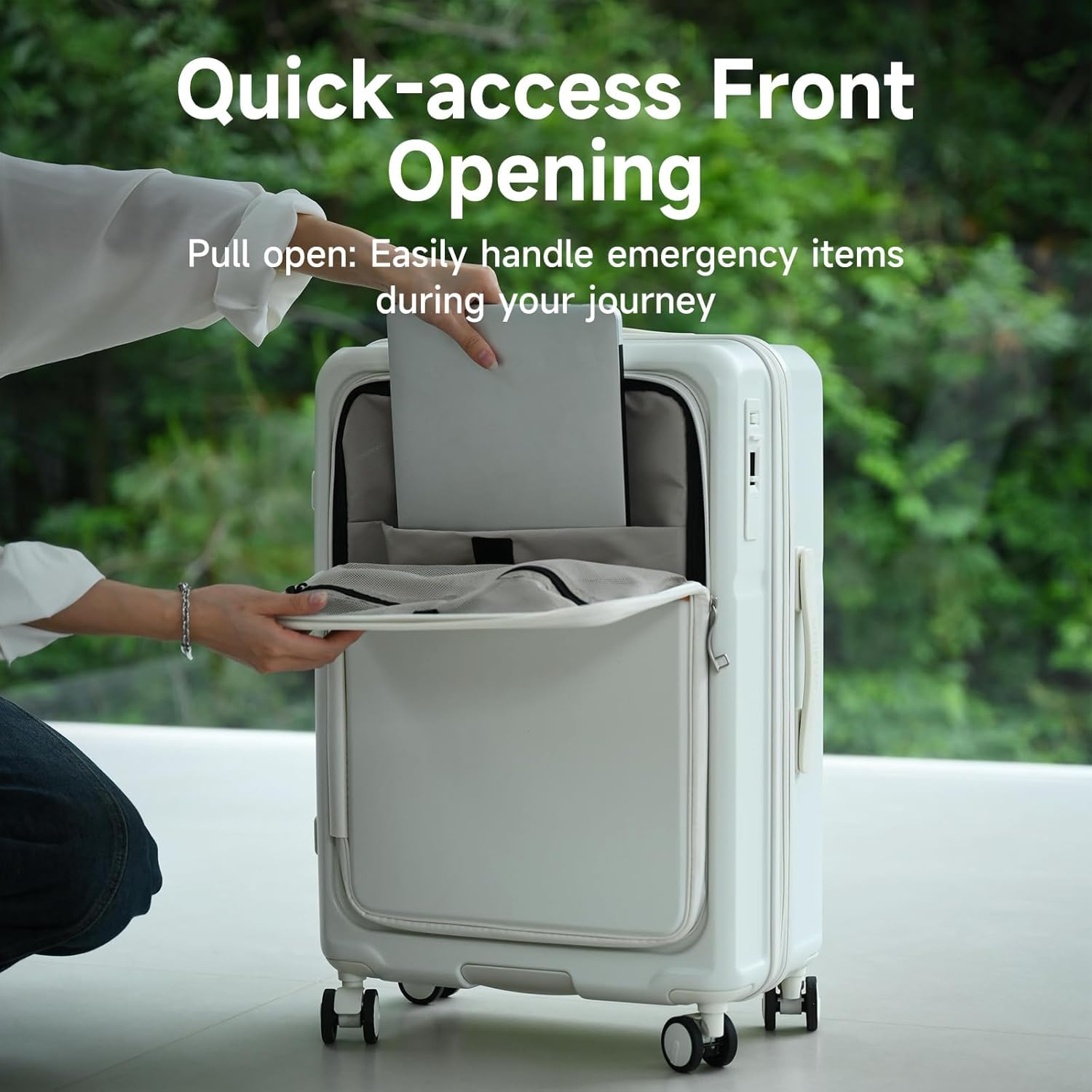 ROAMING Expandable 20 Inch Carry On Luggage with Mute Brake Wheels Airline Approved Hard Shell Suitcases with Front Pocket Top Opening Luggage with TSA Lock for Short Business Travel, Beech white - Image 2