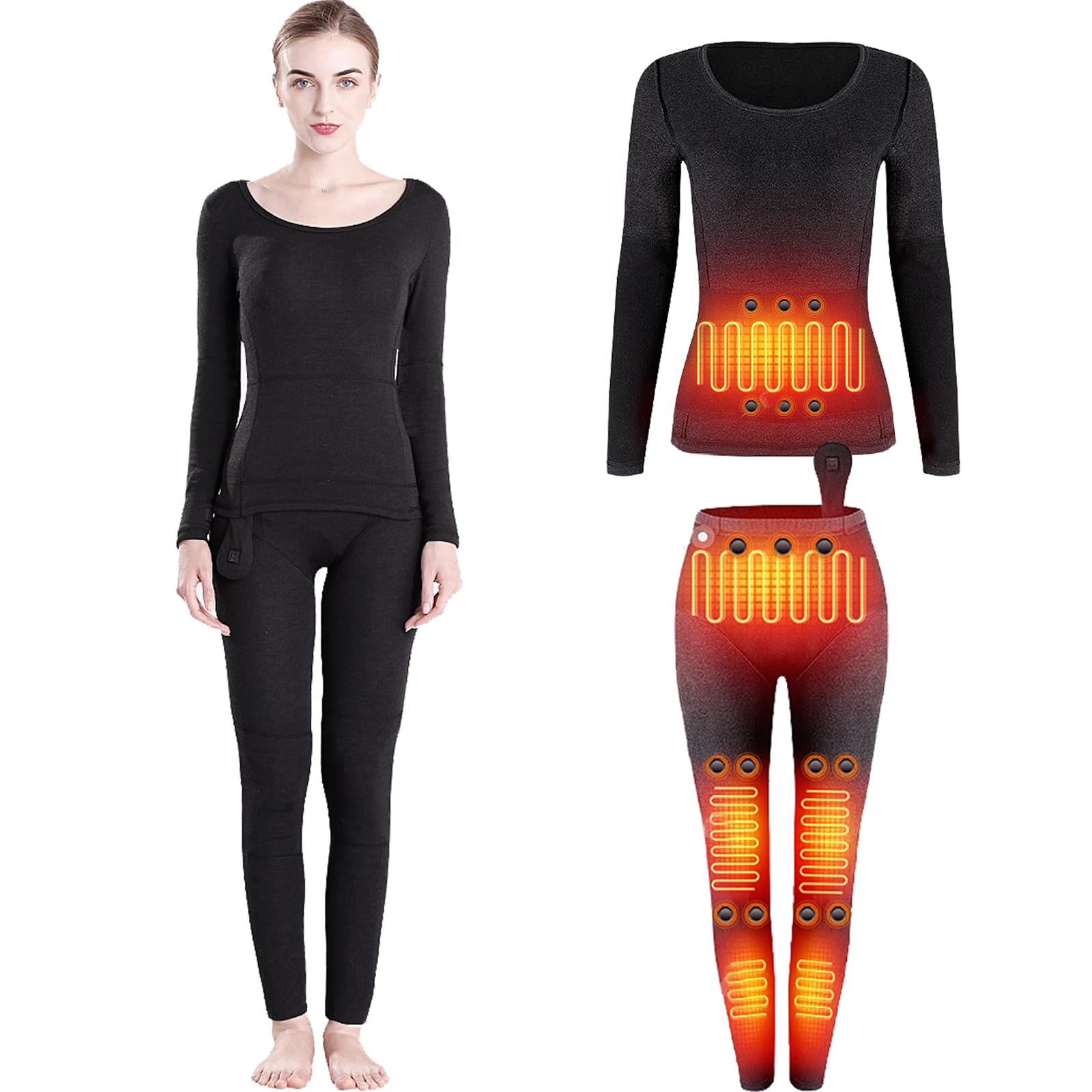 VLOBAOM Womens Heated Thermal Underwear, Graphene Heating Shirts & Pants, 12 Heating Pads+28 Energy Stones+4 Battery,L,Black