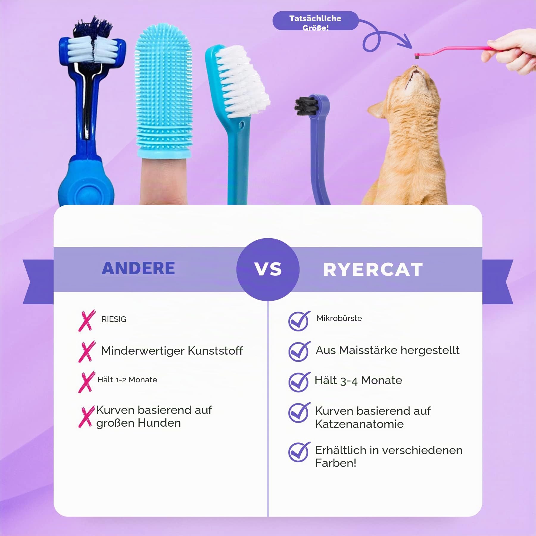 RYERCATKatzen Zubehör - Doppelseitige Zahnbürste für Katzen/Kätzchen - Katzenzahnpflege (Amethyst Lila)