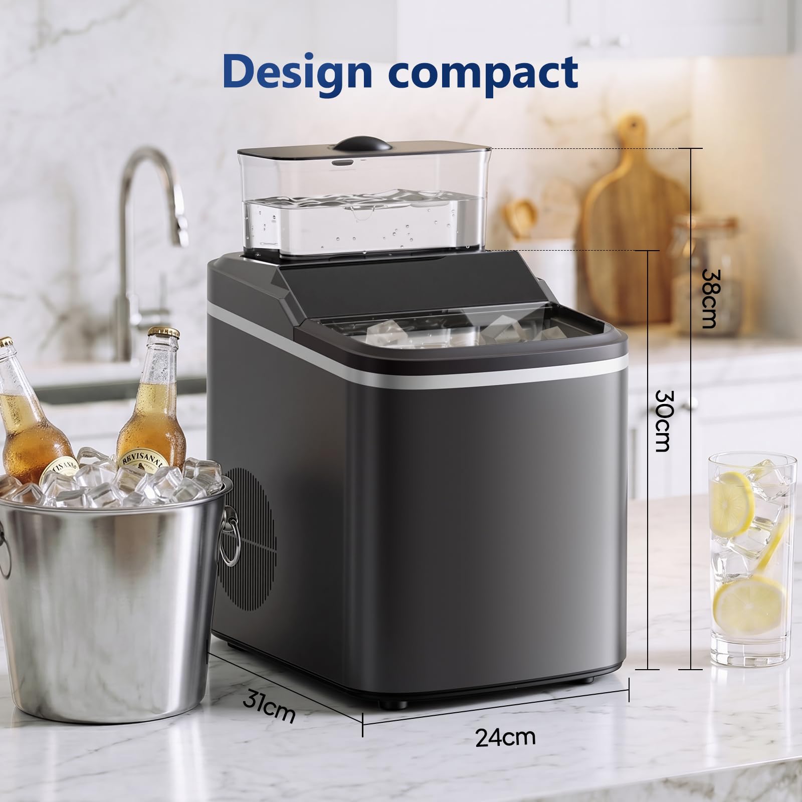 ROVSUN Machine à Glaçons, 18kg/24h, 12 Glaçons en 8 Minutes, Machine a Glacons Auto-Nettoyante, Affichage LED, Indicateurs eau/glace pleine, Pour Maison, Soirée, Barbecue, Restaurant