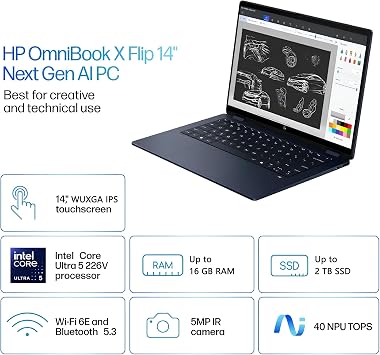 HP OmniBook X Flip 2-in-1 ノートパソコン | 14インチ WUXGA IPS Touch | Intel Core Ultra 5 226V | 16GB DDR5 512GB SSD | Copilot+ AI PC クリエイター デザイナー ビジネス プロフェッショナル Win11 Pro DLCAアクセサリー付き
