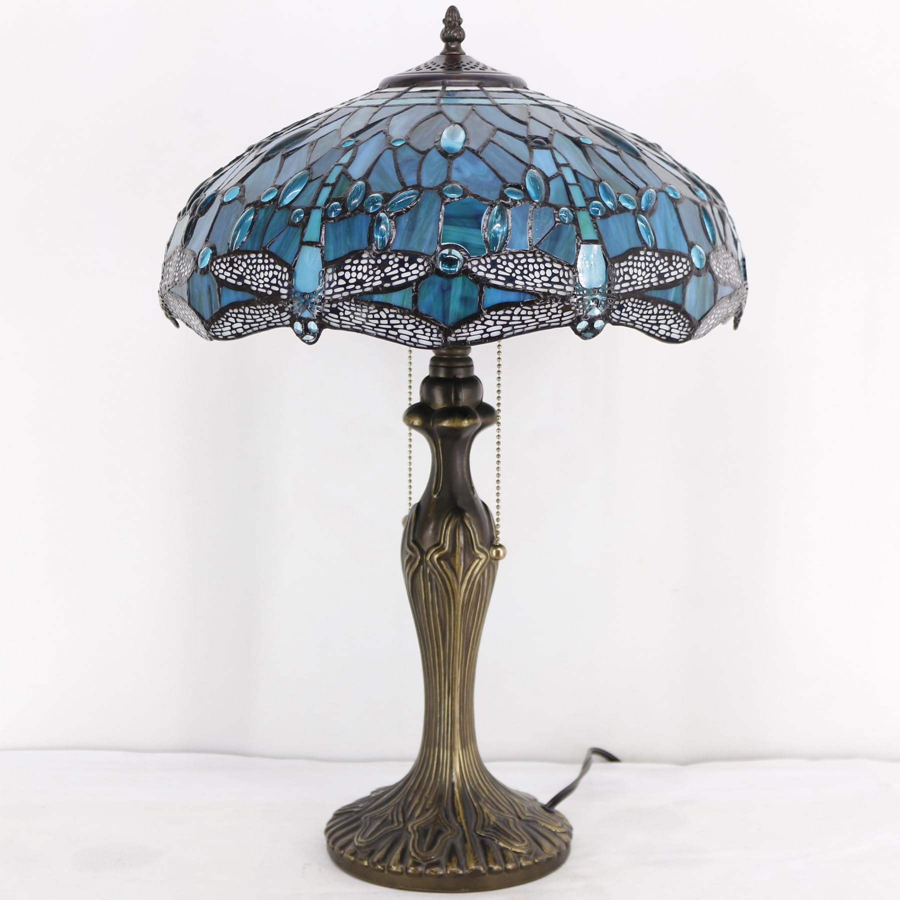 WERFACTORY Tiffany Table Lamp Green Stained Glass Dragonfly Bedside Lamp 16X16X24 Inches Desk Reading Light Metal Base Decor — view 5