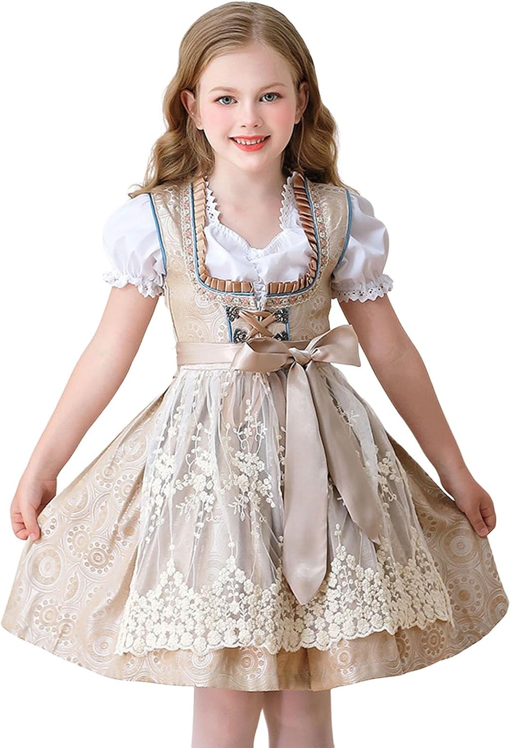 Girls Oktoberfest Dress Bavarian Traditional Dirndl Dress with Embroidered Apron German Outfit with Puff Sleeve Crop Top