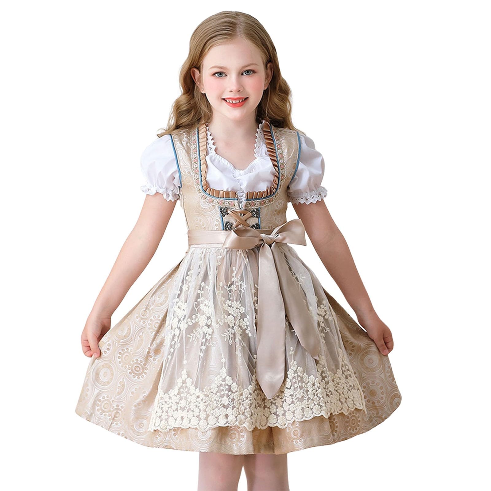 Dirndl Mädchen Midi Oktoberfest Outfit Kinder mit Puff Kurzarm Trachtenkleid Blumen Dirndl Schürze Bayerische Karneval Kleidung Münchner Bierkostüme Deutsche Bierfest Kinderdirndl