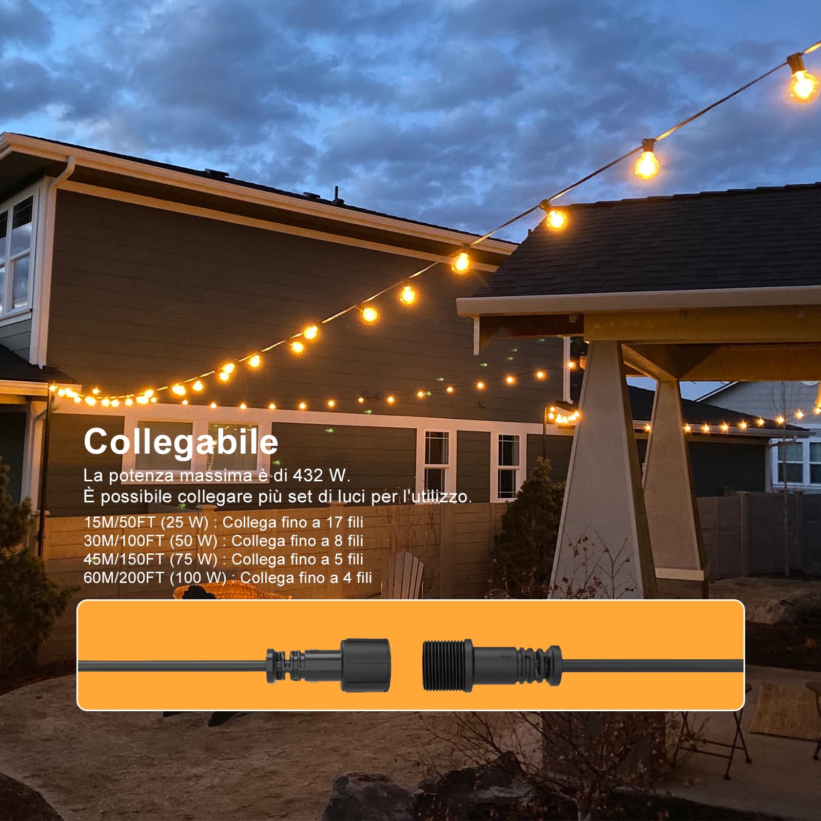 Luci Da Esterno Giardino G40 30M Festoon Lights Alimentazione LED 24V Con 50 Lampadine Infrangibili Impermeabile Per Patio Giardino Balcone Gazebo Pergola Portico
