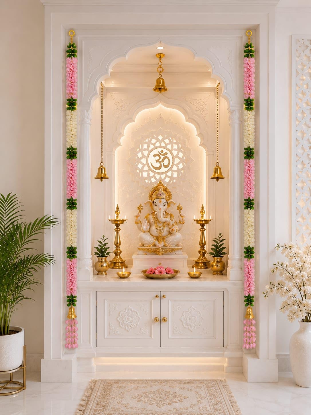 Artificial Flower Door Latkan Pair 5 Feet (60 Inch) Floral Door Hanging with Pink White Green Flowers & Golden Jhumka Tassels | Home Decor for Diwali, Wedding, Ganesh Chaturthi-image-41