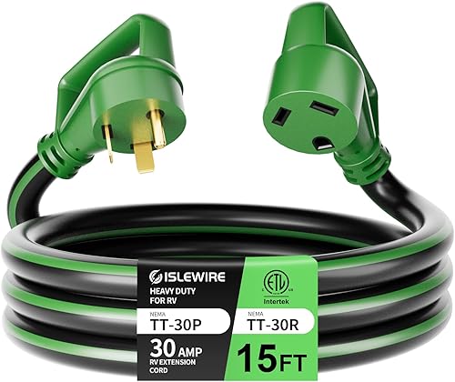 ISLEWIRE Cable de extensiĂłn de RV de 30 amperios y 15 pies con mango de agarre, resistente calibre 10, 3 clavijas, cable STW de cobre puro para RV, ISLEWIRE Cable de extensiĂłn de RV de 30 amperios y 15 pies con mango de agarre, resistente calibre 10, 3 clavijas, cable STW de cobre puro para RV,