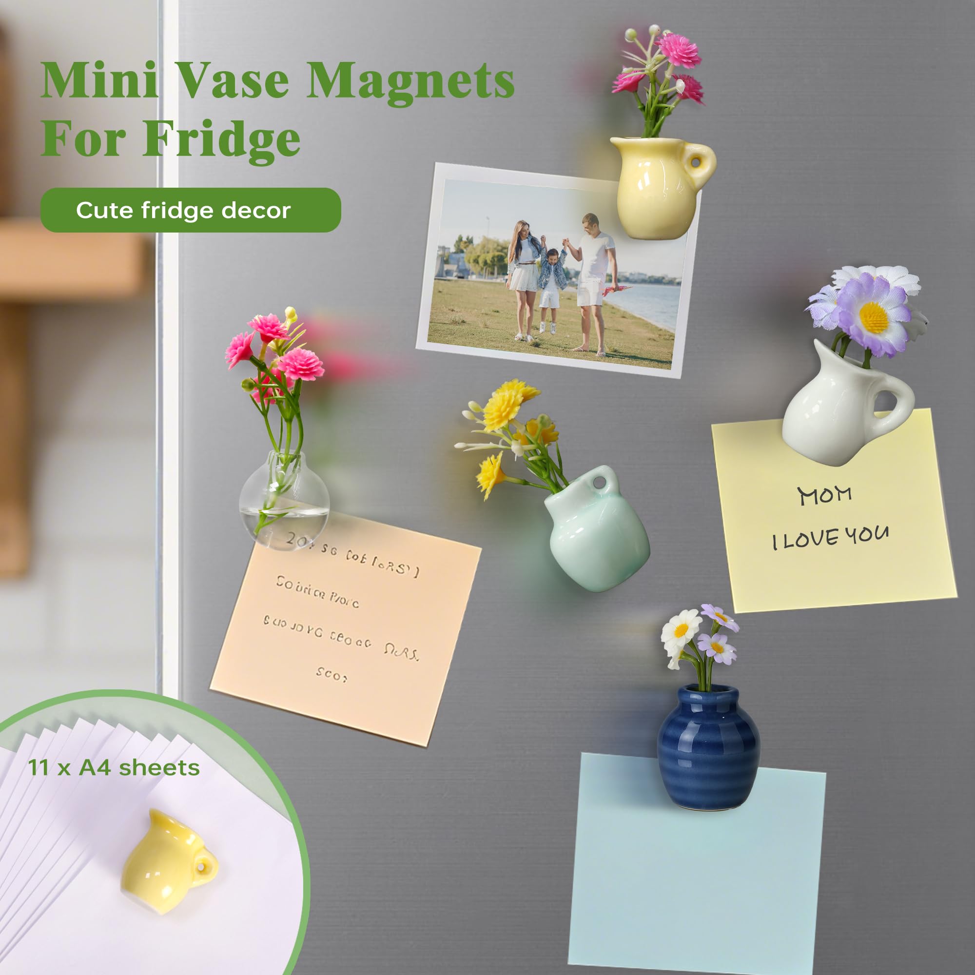 Renmxj Mini Ceramic Vase Magnets for Fridge, Cute Tiny Plant Vase Fridge Magnets for Kitchen Refrigerator Office Locker Decoration with Flowers (8 Pack)