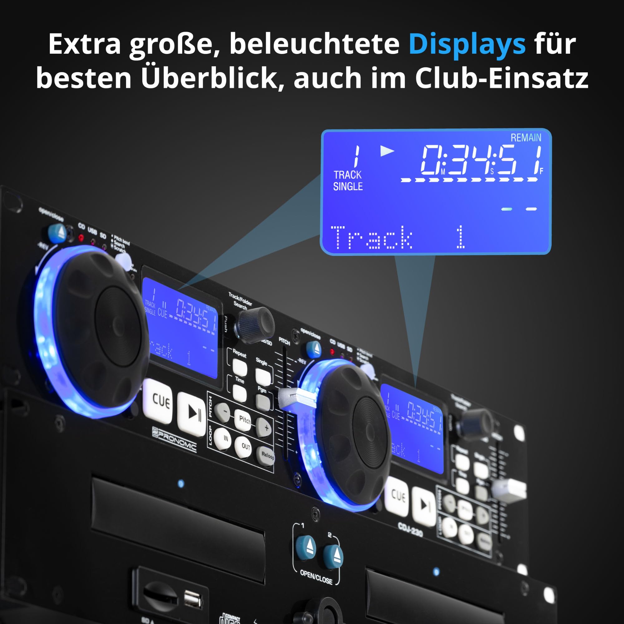 Pronomic CDJ-230 Doppel DJ CD Player - Dual CD MP3 Player mit separatem Controller - USB und SD - Pitch Bender und DSP-Effekte - Seamless Loop - 19 Zoll Rackformat - Schwarz