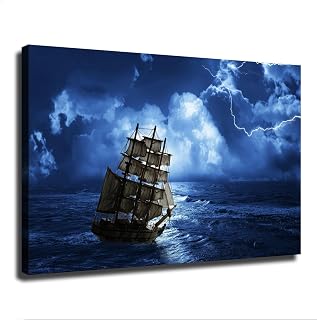 Blue Thunderstorm Pirate Ship Ocean Voyage Poster Canvas Wall Art Painting Print Painting Suitable for Bedroom Dormitory Living Room and Other Wall Decoration (16×24inch_Framed)