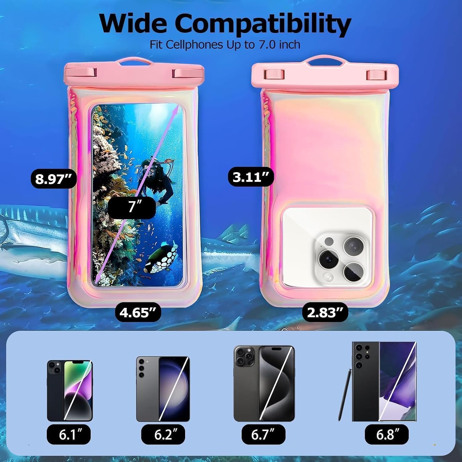 MOLOSLEEVE 1 Pack Floatable Waterproof Phone Pouch Case for iPhone 17 16 Pro Max/15/14/13/12, IP68 Travel Cellphone Dry Bag, Beach Cruise Ship Essentials Bags with Crossbody Lanyard, Iridescent Pink