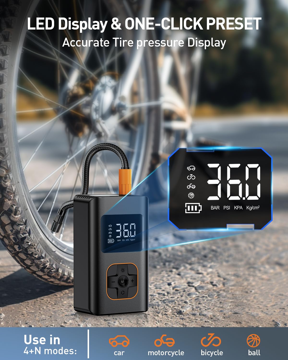 KIAIR Tire Inflator Portable Air Compressor - Fast Cordless Air Pump for Car Tires, 150 PSI Electric Bike Tire Pump with LED Light and Digital Pressure Gauge for Motorcycle, Auto, Ball, Bicycle