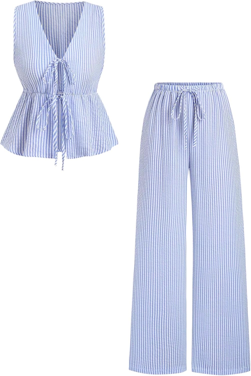 SweatyRocks Women's 2 Piece Outfits Striped Bow Tie Front Sleeveless Peplum Top and Pants Sets