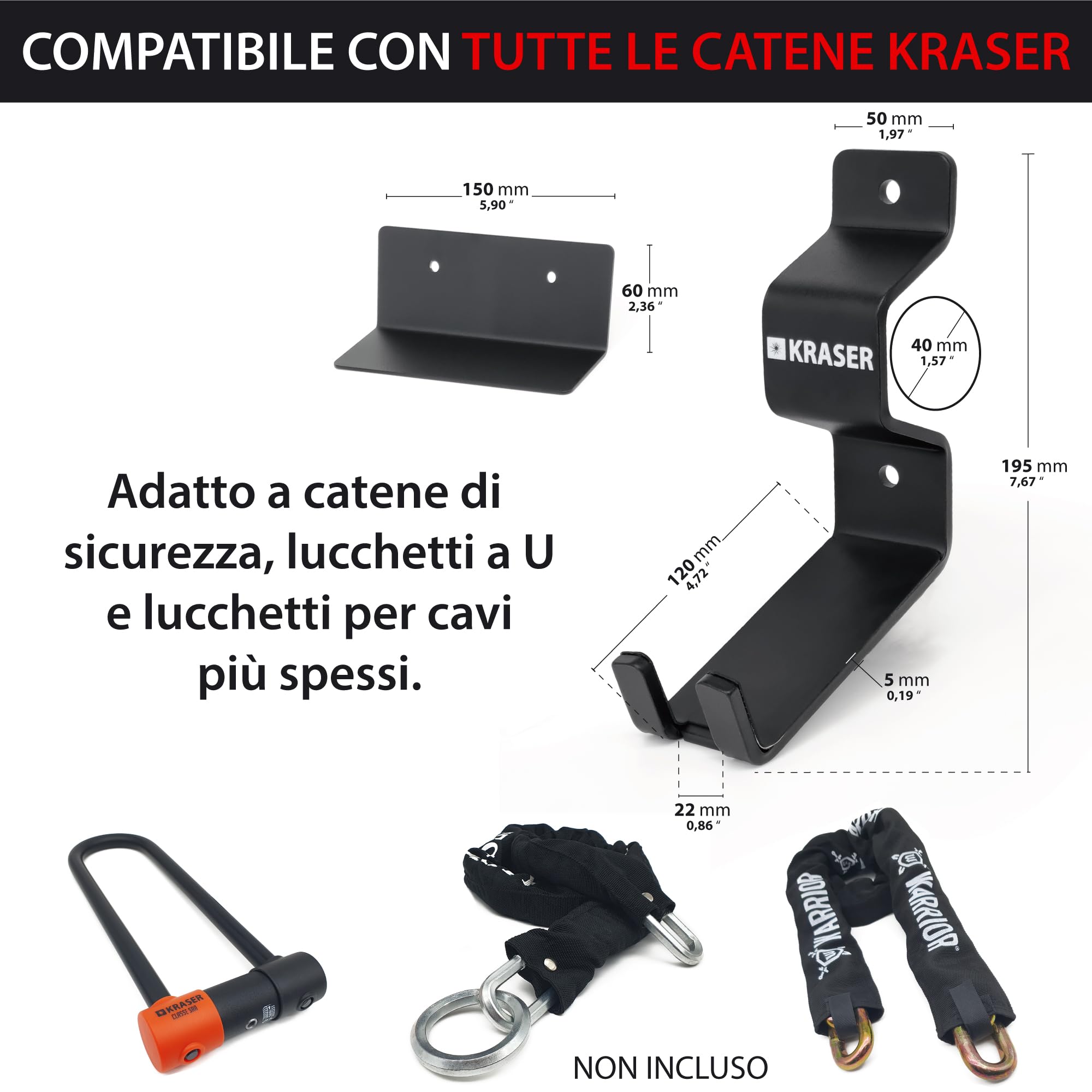 KRASER KR42P Porta Bici da Muro con Gancio Ancoraggio Antifurto 2in1 | Gancio Pedale con Punto per Catena | Doppio Supporto Ruota, Acciaio Rinforzato 5 mm | Portabici da Muro Pedale E-Bike MTB Strada