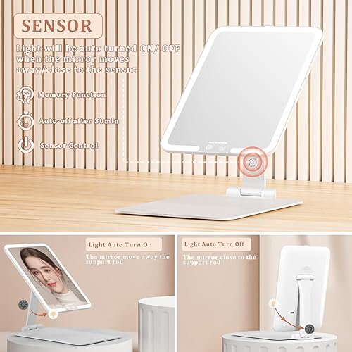 Miniatura 10 de wobsion Espejo de maquillaje de viaje, 8 x 6.1 pulgadas, recargable, portátil, plegable, espejo de maquillaje con luces, espejo iluminado de 3