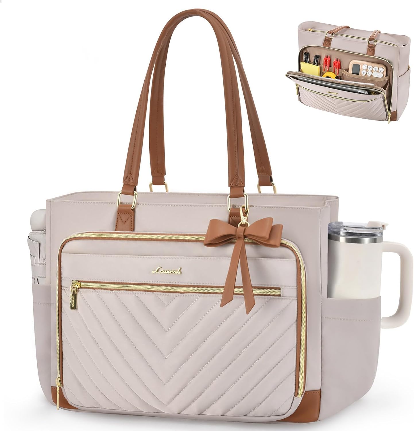 LOVEVOOK Laptop Teacher Tote Bag for Women, Work Nurse Bag with Large Cup Holder, Quilted Diaper Bag for Travel, Computer Women's handbags for Teacher gift, Apricot-brown, 15.6 Inch