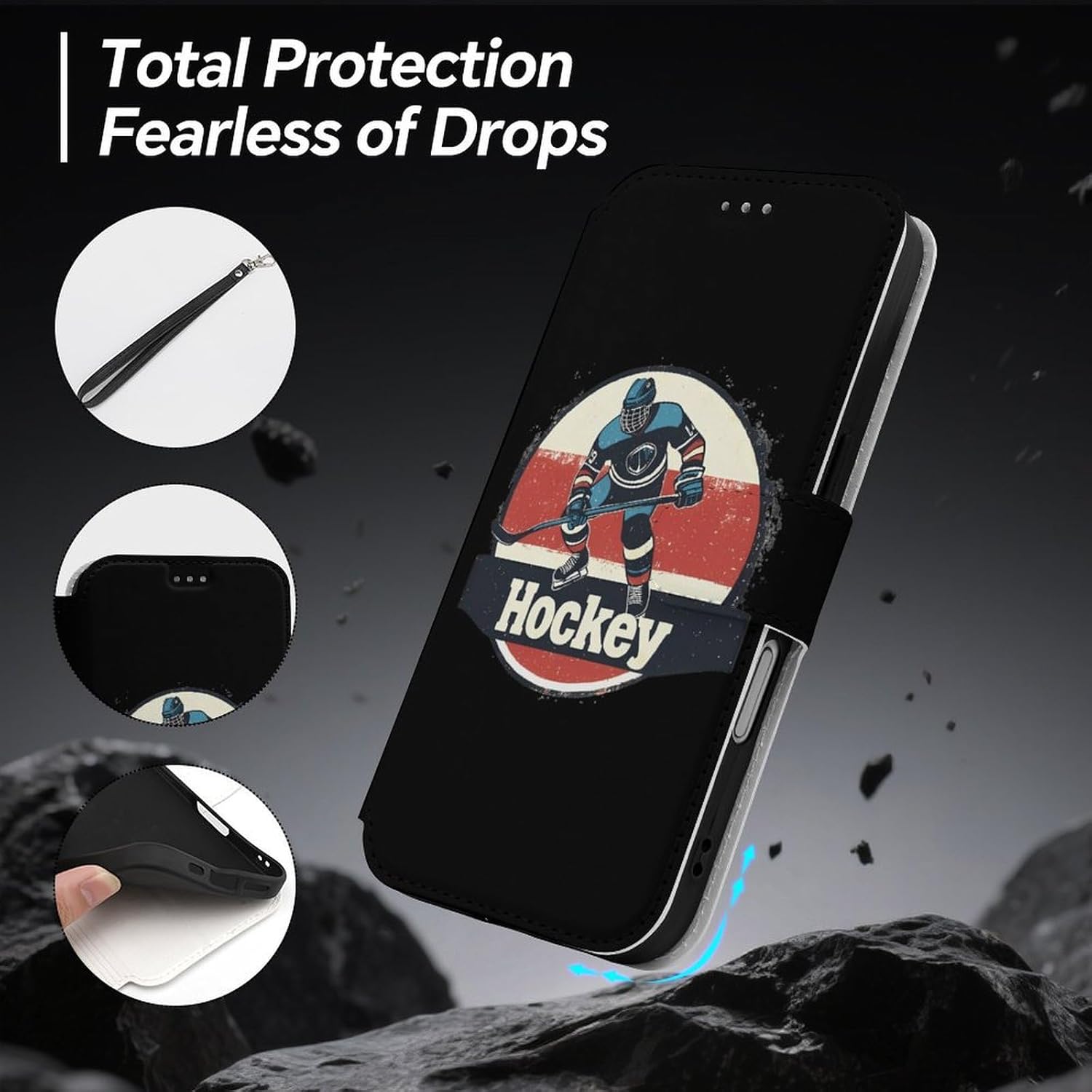 Vintage Hockey Compatible with iPhone 16/16 Plus/16 Pro/16 Pro Max/16 E Case Phone Wallet Card Holder Flip Cover with Wrist Strap