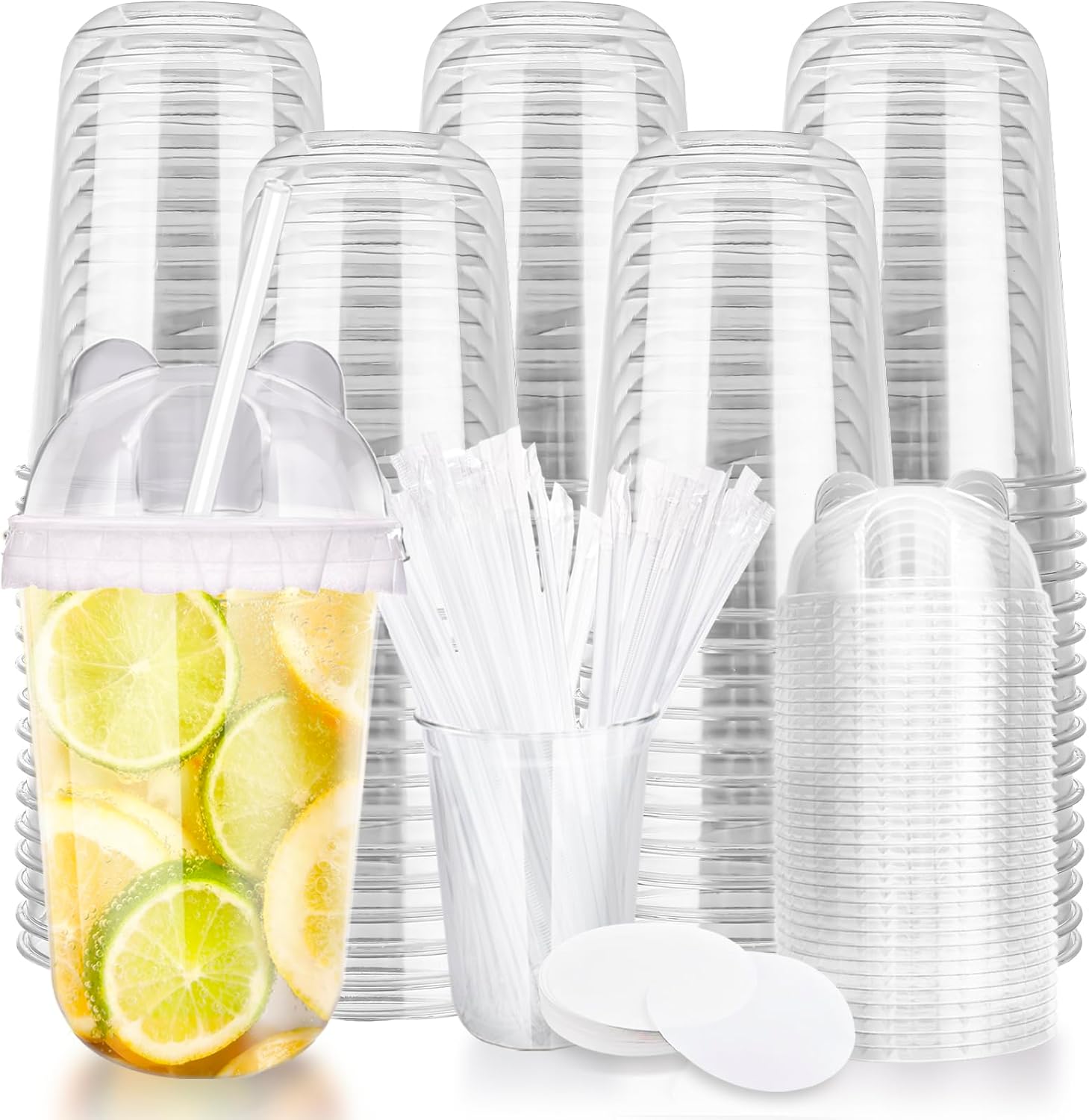 16oz Disposable Stemless Glasses With Bear ears Dome Lids and Straws,PET Disposable Drinking Cups,Clear Plastic Wine Glasses for Parties Birthday,Wedding,Meeting,Christmas Party. (100, Transparent)