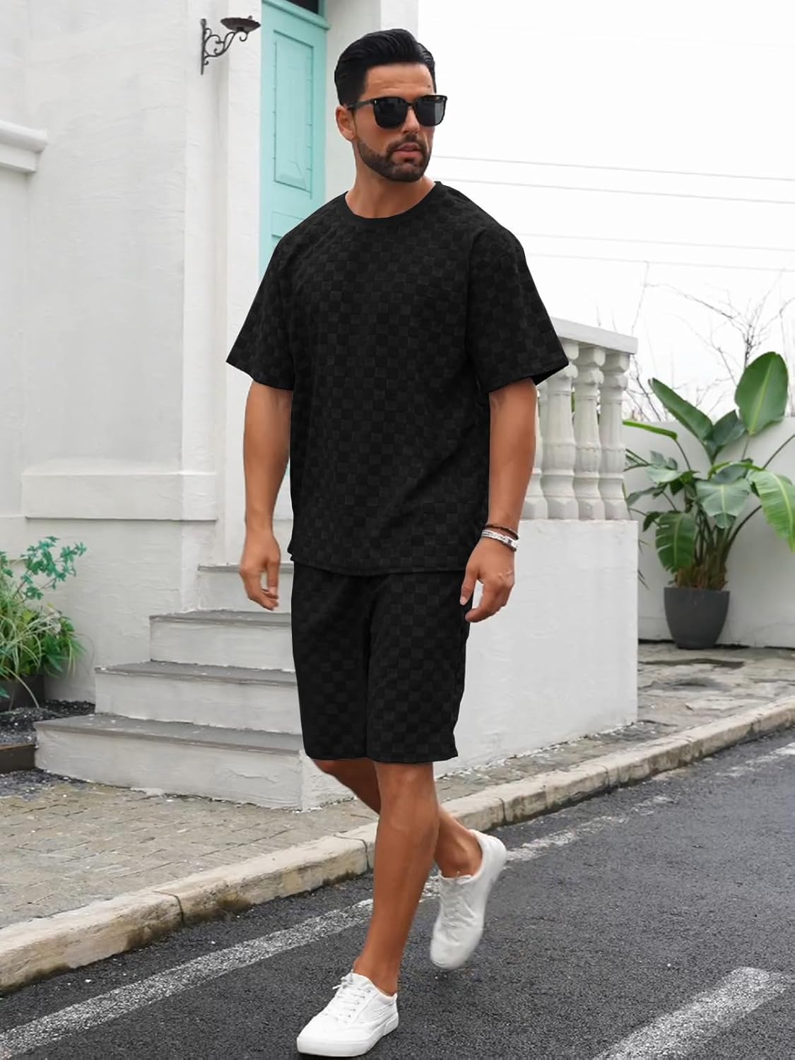 Men's 2 Piece Set Summer Outfits Casual Geometric Texture Short Sleeve Shirt and Shorts Track Suits for Men Set - Image 5