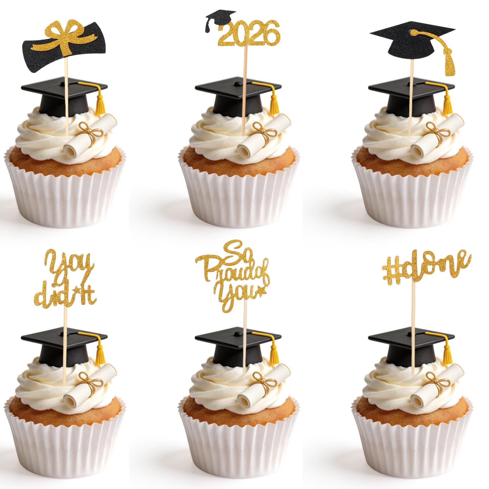 36pcs 2026 Graduation Cupcake Toppers, Gold Class of 2026 Cake Cap Decorations Graduation Food Picks for Dessert Grad Party Supplies (6 Design)