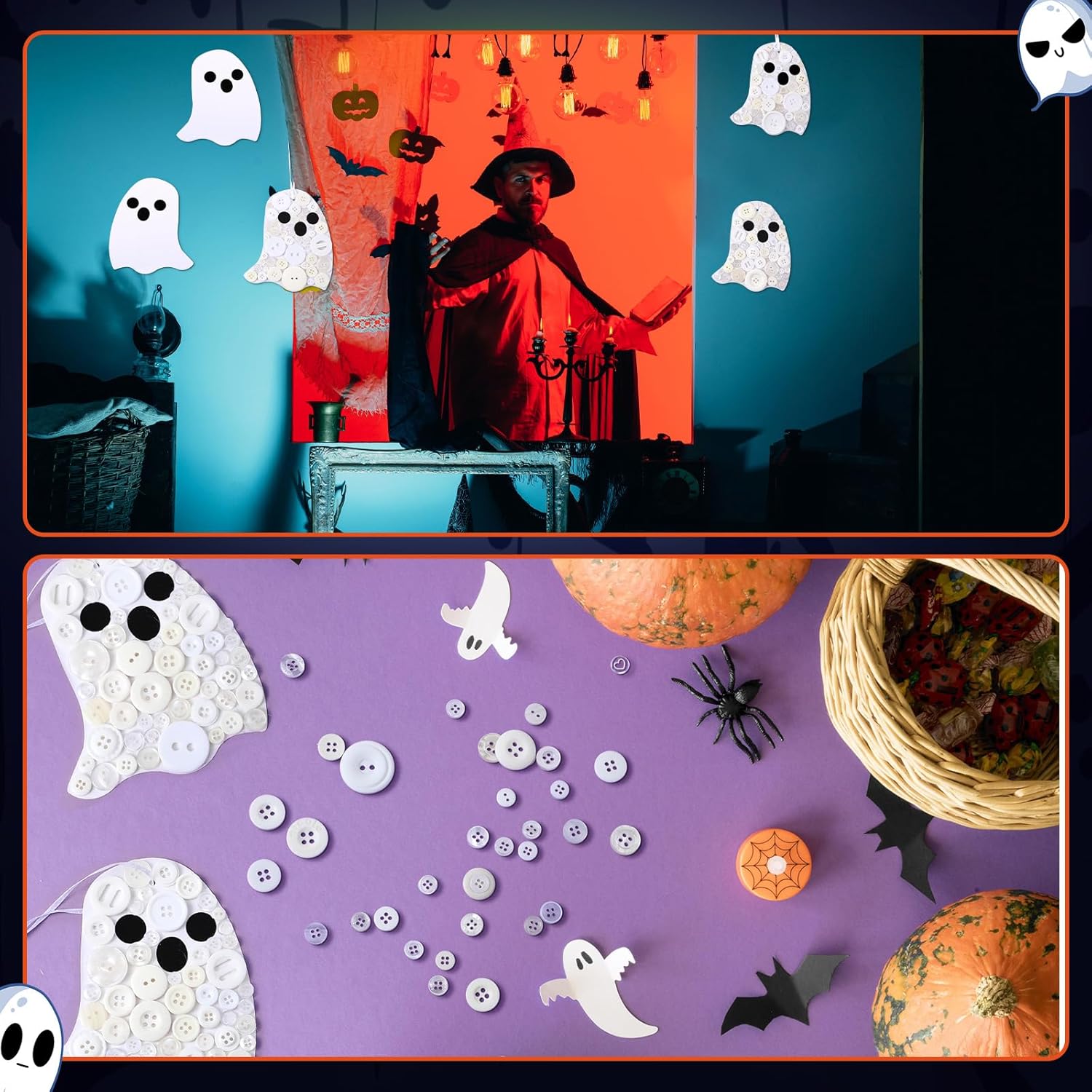CraftyDream 12 Set Halloween Ghost Craft Kit Buttons Boo Halloween Ornament Craft Hanging Decoration for Horror Theme Party Favor DIY Home Activities