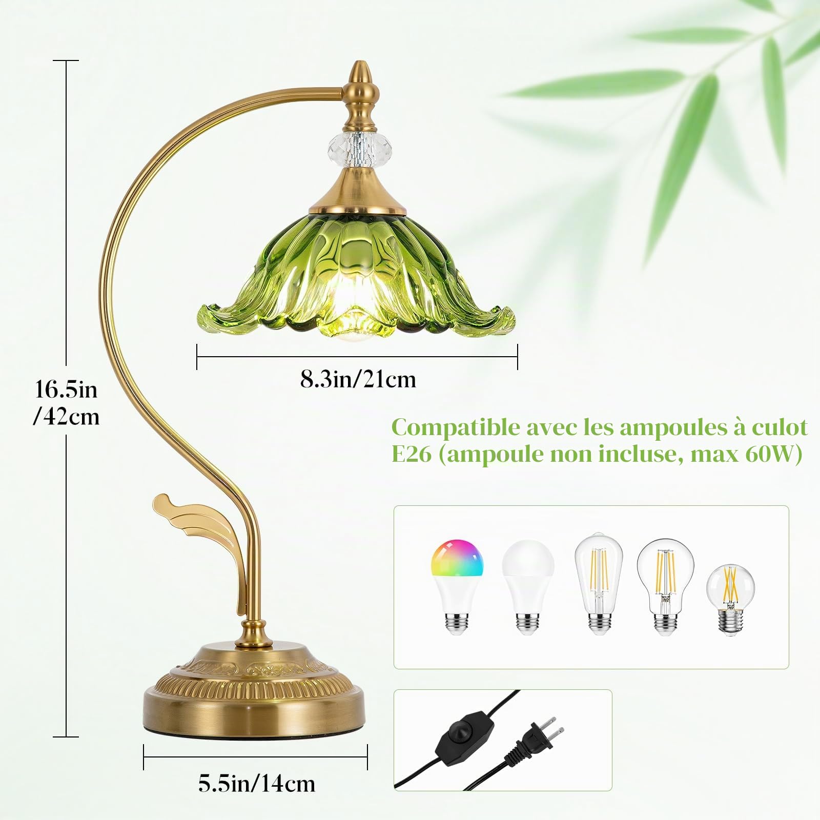 Lampe de table en verre, lampe de table dorée, lampe de chevet vintage en forme de fleur, lampes de table pour chambre à coucher, salon, bureau à domicile (vert)