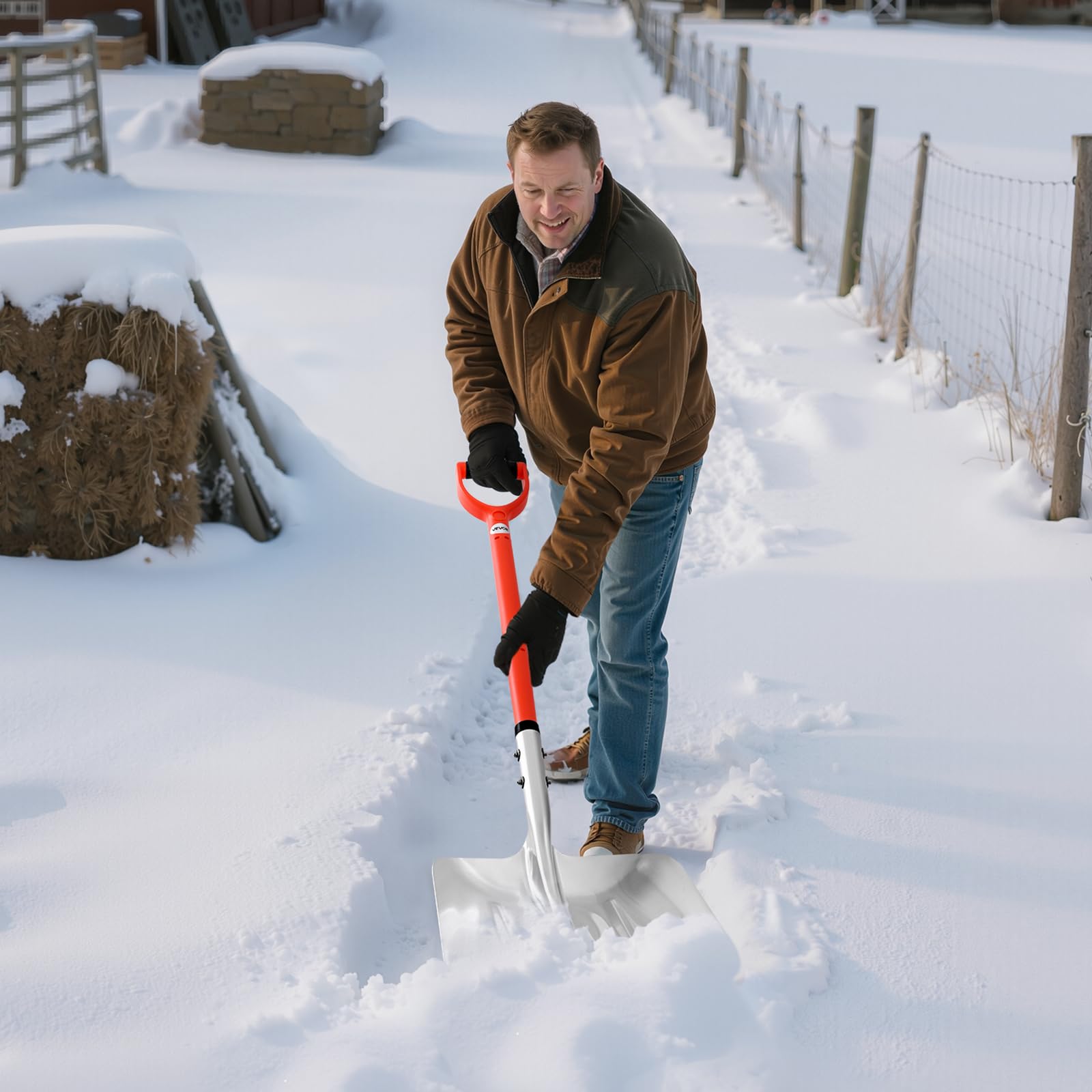 VEVOR Pala de Nieve de Aleación de Aluminio, Pala Quitanieves Ancho de 35 cm, Mango de Fibra de Vidrio con Empuñadura en D, Portátil y Ligera, para Quitar Nieve de Jardín, Coche, Entrada de Vehículos