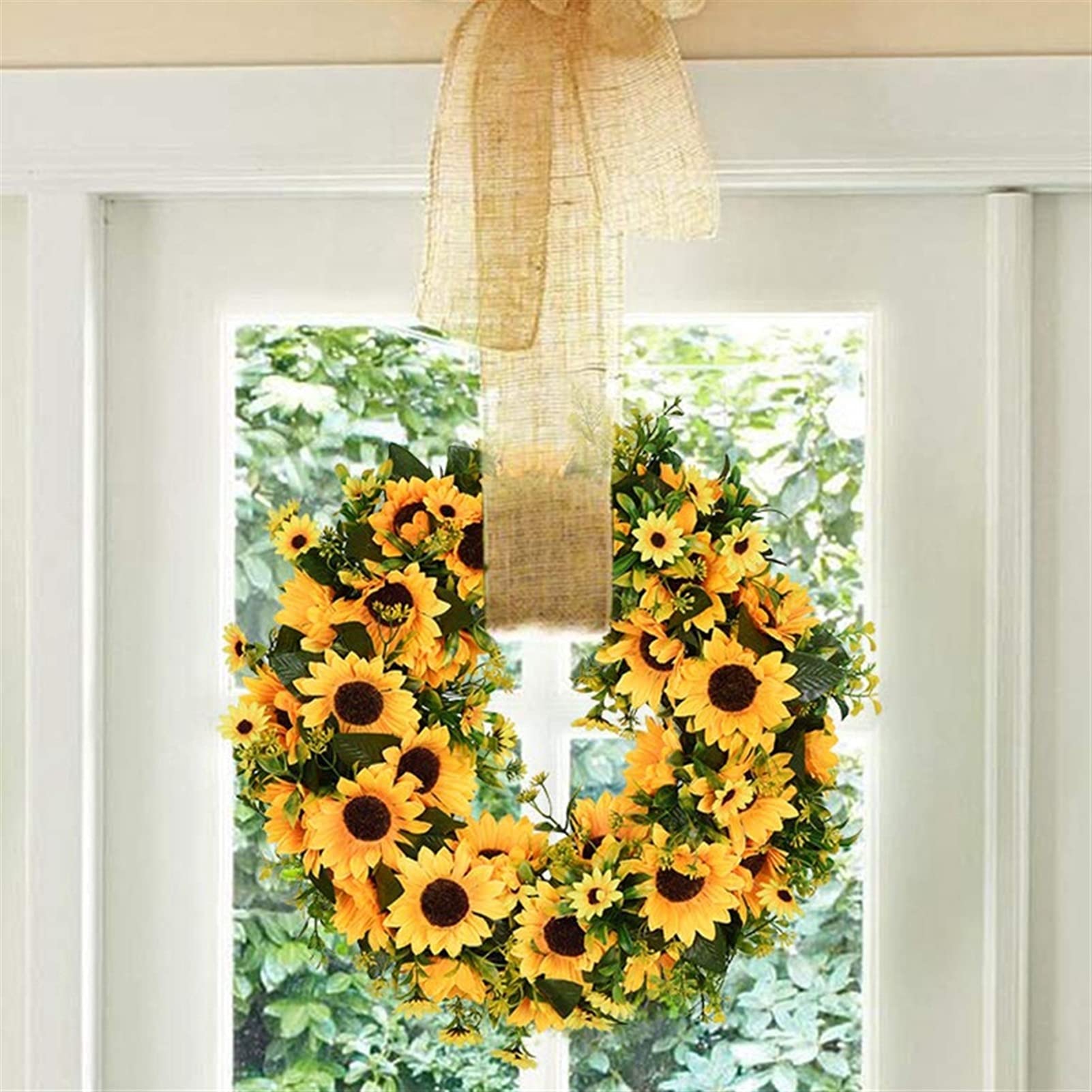 16 inch Decorative Fake Flower Wreath with Yellow Sunflower and Green Leaves ，Practical Artificial Sunflower Summer Wreath
