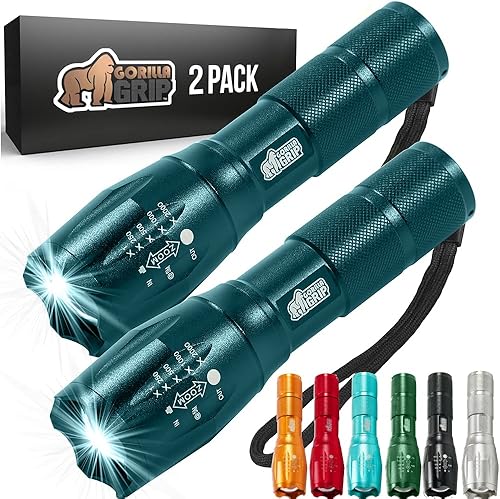 Gorilla Grip Paquete de 2 linternas tácticas LED de mano altos lúmenes ultra brillantes 5 modos resistente al agua de larga duración linternas de