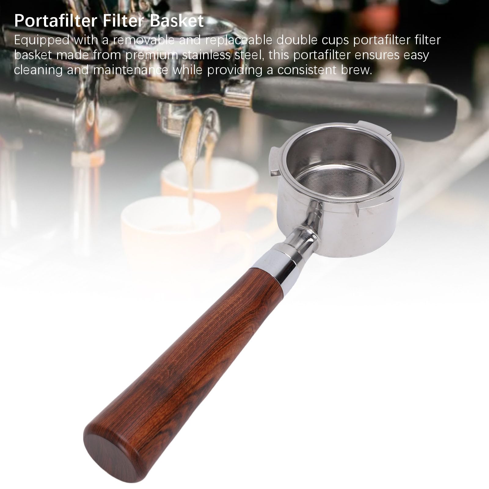 Portafiltro sin Fondo de 51 Mm, Portafiltro de 3 Orejas con Cesta de Filtro de 2 Tazas de Acero Inoxidable Desmontable y de Madera, Universal Compatible con