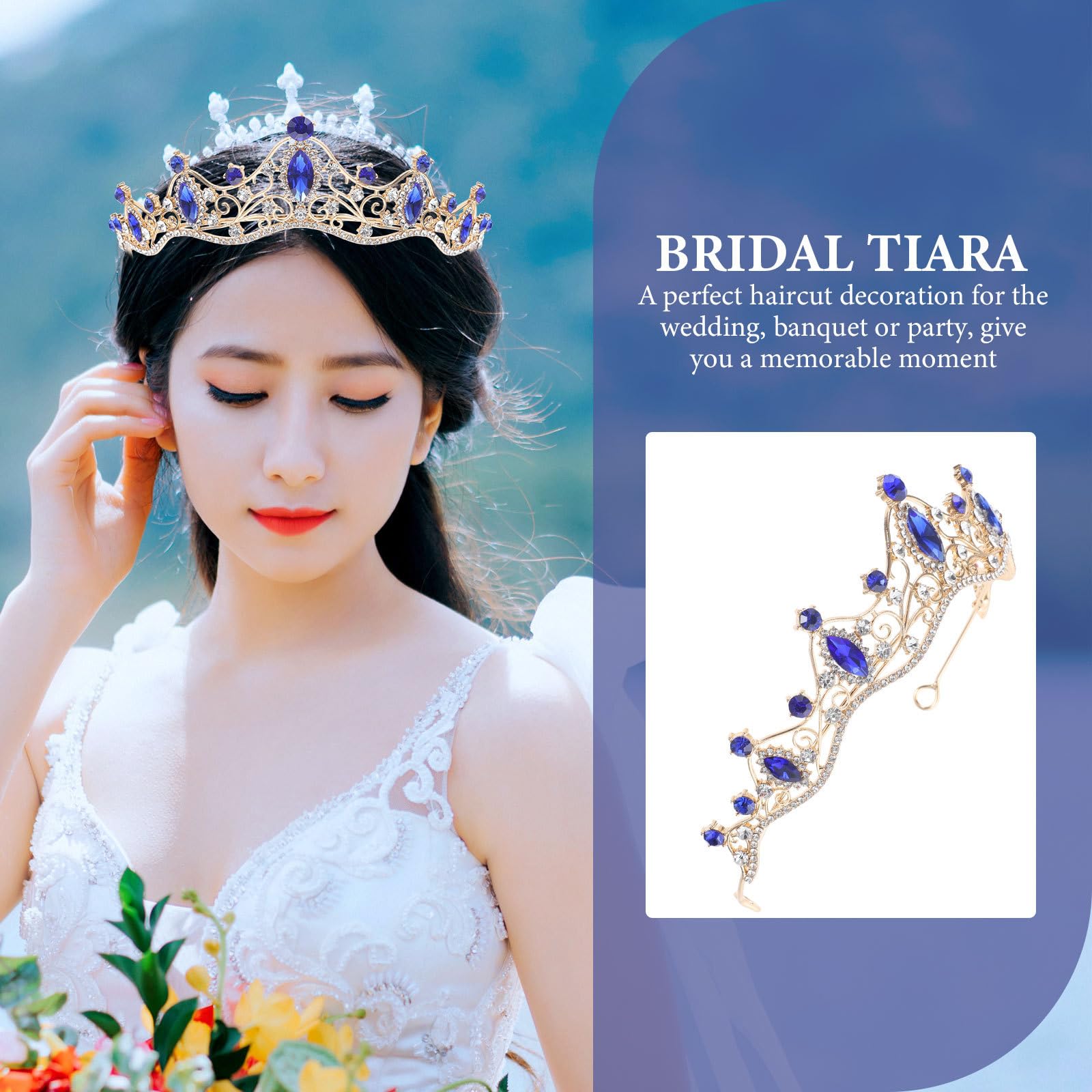 FOMIYES Barock Krone Tiara FüR Damen - Handgefertigte Brautkrone Mit Blauen Steinen, Ideal FüR Hochzeit, Geburtstag, Party, AuffüHrung