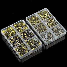 10000Pcs 2-Boxes Mixed Size Hot Fix Round Crystals Gems Glass Stones Hotfix Flat Back Rhinestones with Tweezers and Picking Pencil (Olivine)