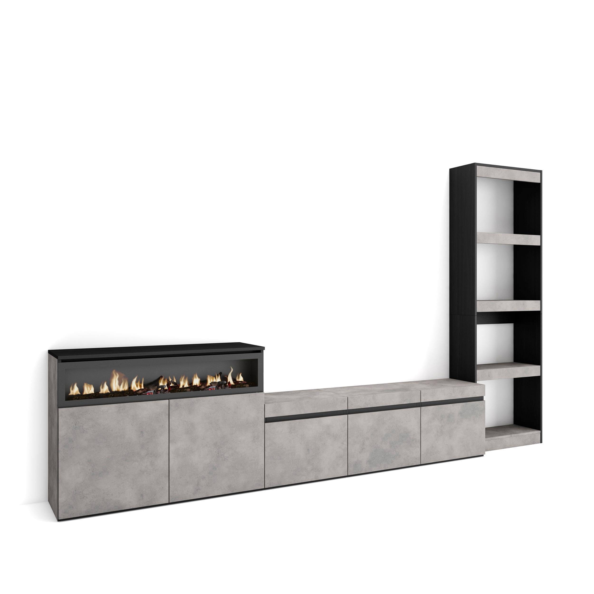 Skraut Home | Wohnwand Wohnzimmer | Wohnzimmermöbel, Möbelset | 310x186x35cm | Für TV-Geräte bis zu 65" | Elektrokamin. | Moderner Stil | Zement