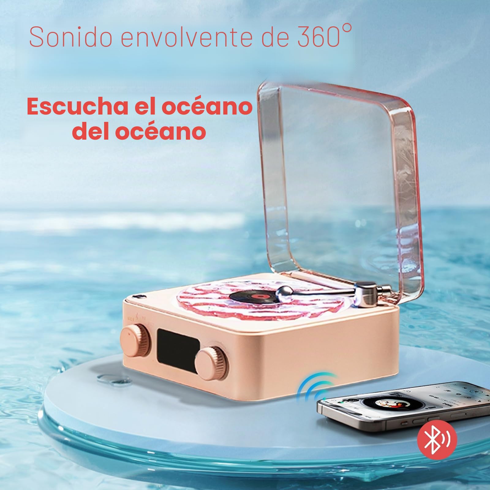 Reproductor de vinilo The Waves Mini altavoz retro de ruido blanco portátil con 4 sonidos de la naturaleza, altavoz portátil de ondas con luz RGB (rosa)