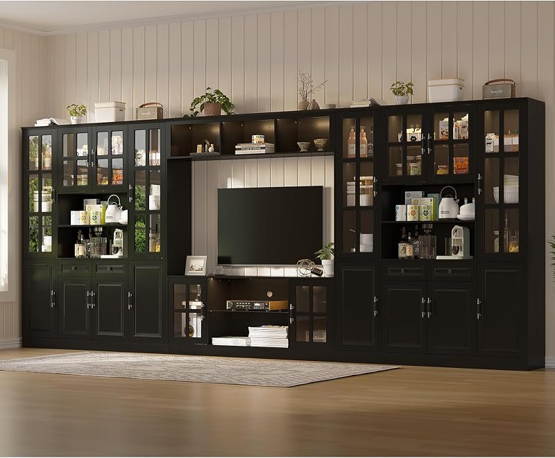 MEISSALIVVE 4-Piece Wall Unit TV Stand with Storage & LED Lights for TVs up to 75", Modern Entertainment Center with Bookshelves & 8-Door Pantry Cabinet, Black